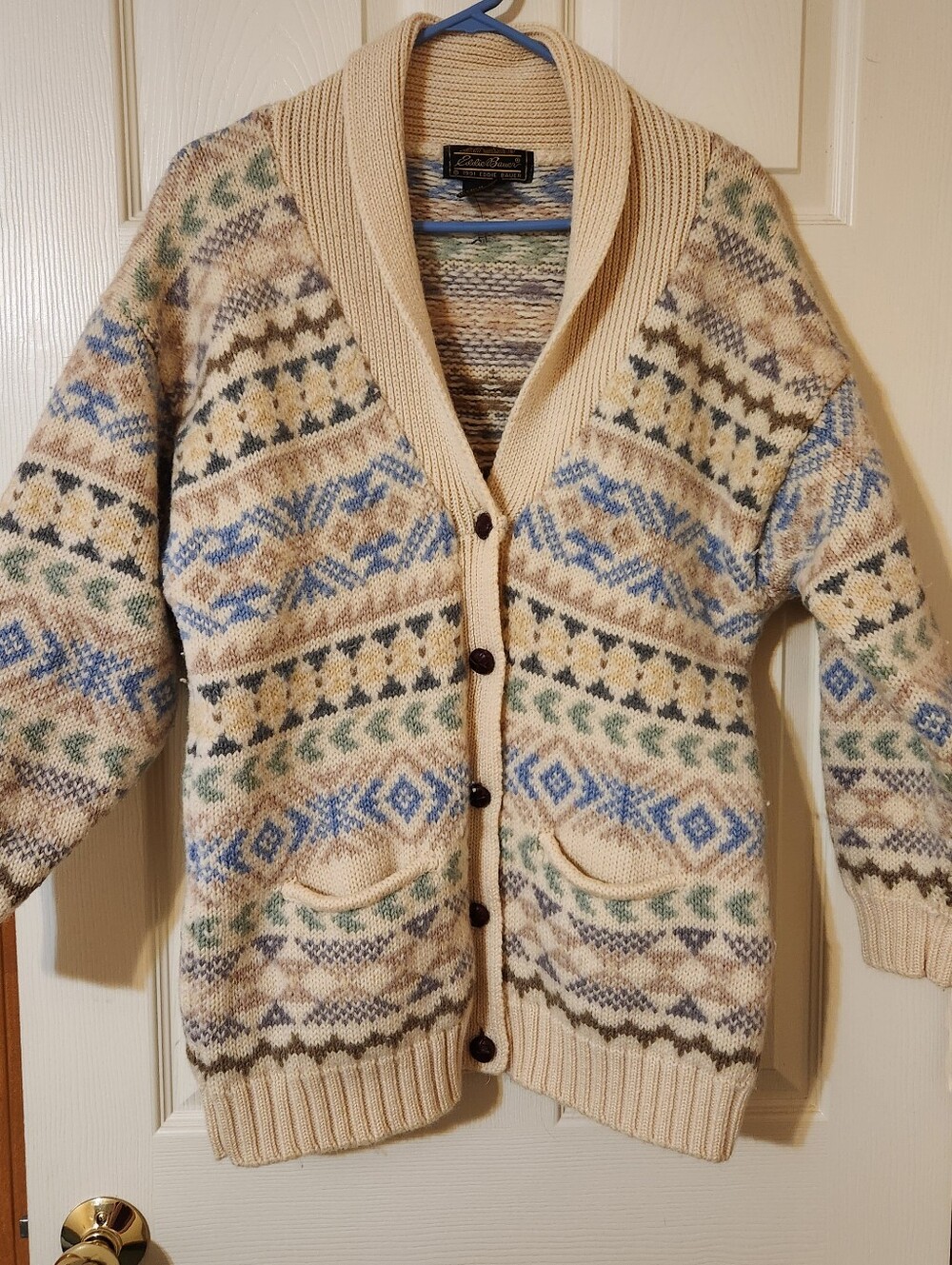 1991 VTG Eddie Bauer 100% Wool Fair Isle Cardigan Sweater Shawl Collar Preppy L
